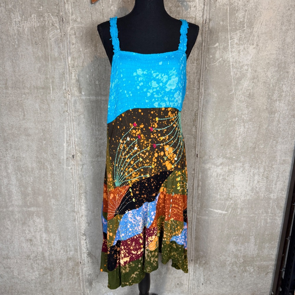 Rising International Patchwork Bleach Splatter Floral Midi Dress Small Nepal
